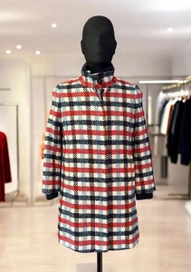 Banana Republic Italian Plaid Stadium Coat Red/White/Blue Plaid Zip Small - Picture 1 of 13