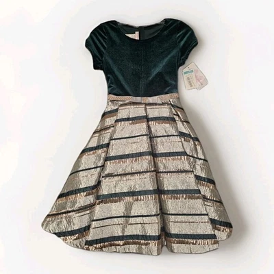 Vestido Bonnie Jean Niñas Talla 16 Terciopelo Verde y Rayas Doradas Vacaciones de Navidad  Foto 1 de 4