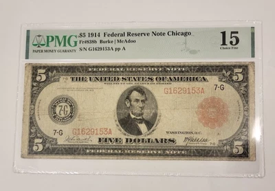 1914 $5 Federal Reserve Note Red Seal Fr838b PMG 15 - Image 1 of 2