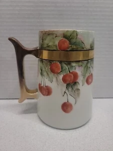 Limoges Handpainted Stein Mug Cherry Tree France 4" x 5.5" Gold Detail - Picture 1 of 11