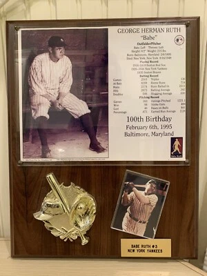 Yankees Babe Ruth Wood Photo/Card Plaque 100th ￼Birthday￼￼ Stats Commemorative - Image 1 of 4