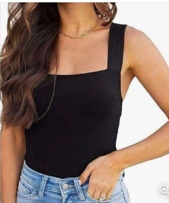 Reoria Black Wide Strap Bodysuit Snap Closure Tummy Control Square Neck Size M - Image 1 of 4