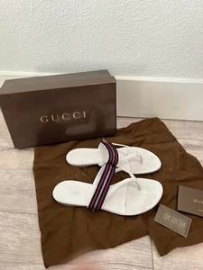 EUC! Gucci Zip Flat Web Thong White Leather Sandals! sz 37.5 - Picture 1 of 9