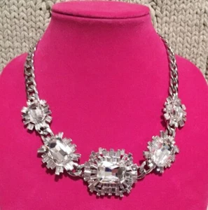 NATASHA Chunky Statement Necklace Silver Metal Clear Crystals 22" Prom NWT - Picture 1 of 7