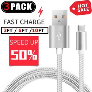 3-Pack Braided USB C Type-C Fast Charging Data SYNC Charger Cable Cord 3/6/10FT