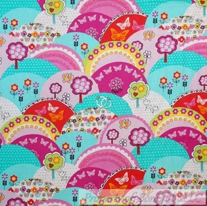 BonEful FABRIC FQ Cotton Quilt Bright Pink Green Tree Rainbow Flower Butterfly S - Picture 1 of 11