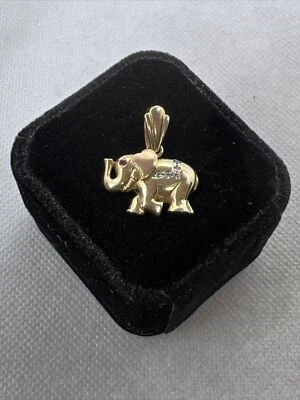 CUTE 14K T/Tone Gold 0.02CTW Created Ruby & White CZ ELEPHANT Charm Pendant 3.8g - Image 1 of 4