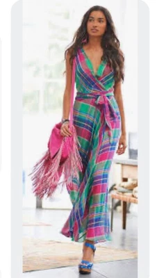 Ralph Lauren Madrid Wrap Maxi Dress 8 Madras Plaid Midi Prep Coastal Pink Blue - Image 1 of 4