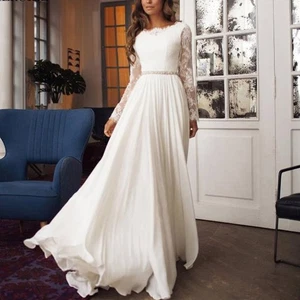 Elegant Graceful Lace Long Sleeve Chiffon Wedding Dress - Picture 1 of 5