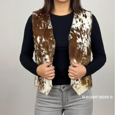 Women's Cowhide Leather Vest Western Rodeo Waistcoat Genuine Hair On Brown White - Image 1 of 4