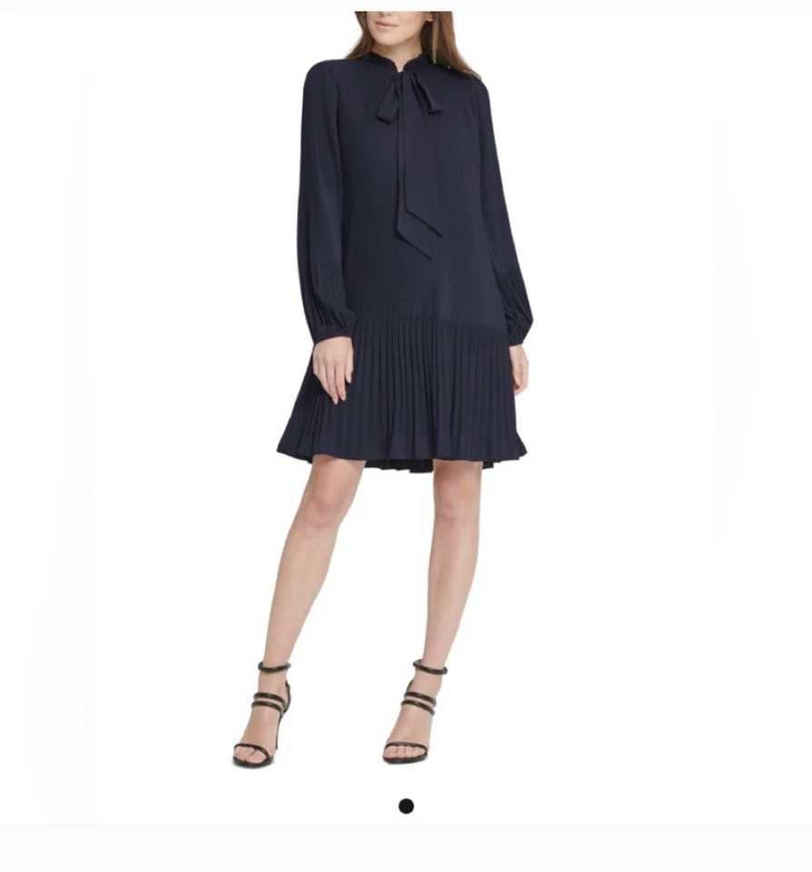 DKNY Shift Dress Navy Blue Womens Size 14 Tie Neck Pleated DD9GY770