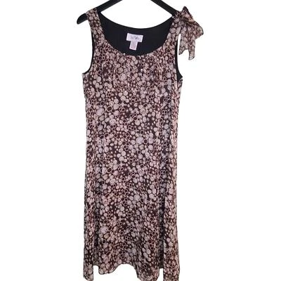 Vintage Bob Mackie Silk Dress Size 12 Brown Sleeveless Sequins Geo Art Print Bow - Image 1 of 4