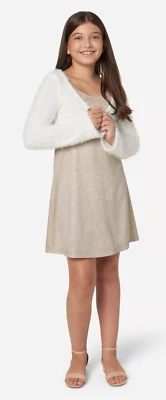 NUEVO Vestido Justice Girls Talla XL 16/18 Dorado Brillante Con Superposición Blanca Difusa Foto 1 de 4