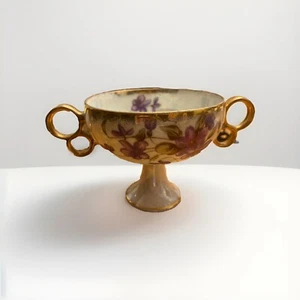 Royal Sealy Bowl Porcelain Japan Opalescent Pedestal Dbl Handle Purple Flowers - Picture 1 of 4