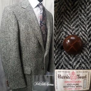Vintage Saks Harris Tweed Men Blazer Gray HBbone Wool 40r- 42r Sport Coat Jacket - Picture 1 of 23