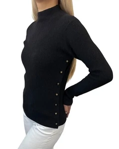 CHANEL Vintage CC Logo Knit Sweater Top #40 Rib Mock Neck Button Black Wool - Picture 1 of 11