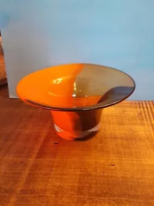 Vintags MCM Large Heavy Hand Blown Amber / Orange Studio Art Glass Vase / Bowl - Picture 1 of 9