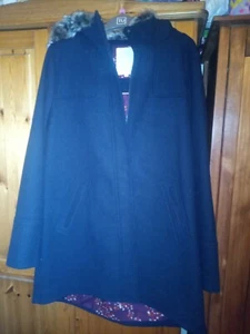 White Stuff 14 Ladies deep blue Wool Coat Jacket Cotton Lining Fur Trim Hood - Picture 1 of 3