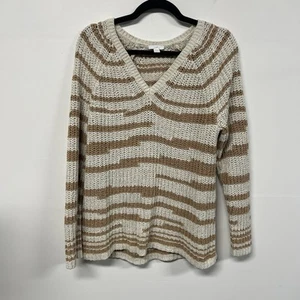 J Jill Womens Striped Sweater Size L Brown Ivory Pullover Cottagecore V Neck - Picture 1 of 12