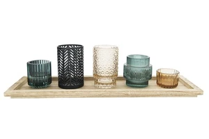 Embossed Glass & Metal Tealight/Votive Holders on Rectangle Wood Tray (Set of... - Picture 1 of 6