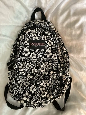 "Mochila vintage Jansport negra marfil suave pana hawaiana floral 16" x 11""" Foto 1 de 4