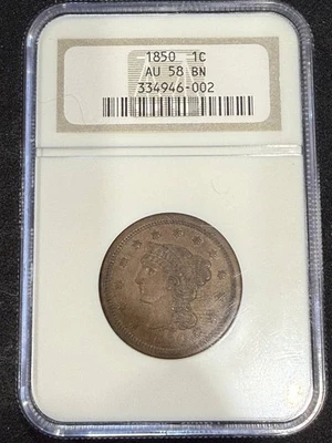 Centavo de pelo trenzado 1850 NGC AU-58 BN Foto 1 de 4