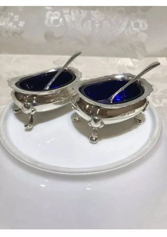 Antique George V, Sterling Silver Footed,Two Salts & Spoons,London England Cover