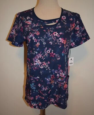 New Womens Koi Lite XS Lola Blue Butterfly Floral Print Wicking Scrub Top - Image 1 of 3