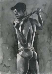Original Handgemaltes Kunstwerk Aquarell Gemälde Erotik Männlich Mann Akt Gay - Bild 1 von 1