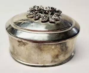 Vintage Heavy Silver Metal Small Trinket Box w Hinged Lid Velvet Lined 3D Roses - Picture 1 of 10