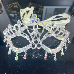 Silver Rhinestone Eye Mask, Rainbow Crystal Masquerade Mask, Mardi Gras, Party - Picture 1 of 6