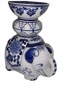 Ceramic Elephant Trunk Up Porcelain Cobalt Blue and White 6.5” Tall Holder - Picture 1 of 8