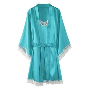 2Pcs Satin Sleepwear Faux Silk Lingerie Pajama Set Robe Nightdress Bride Yukata - Picture 1 of 14