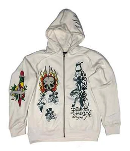 Ed Hardy Flame Skull Graphic Print Men's Zip Up Hoodie xl Ivory EHM1301-45 - Picture 1 of 12