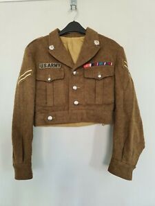 WW2 Vintage Military Coat Jacket Khaki Green Wool Tweed with Badges Men Women M