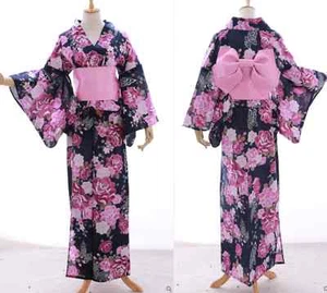 K-022 blau rosa Glitzer Schmetterling Rose Blume Geisha Kimono Yukata Obi Gürtel - Bild 1 von 8