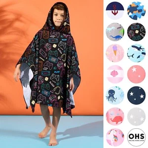 Kids Poncho Beach Towel Hooded Quick Dry Microfibre Holiday Swimming Absorbent - Picture 1 of 139