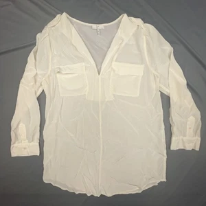 Joie Blouse Womens Medium Cream Silk Sheer 3/4 Sleeve Pocket V Neck Top Shirt - Picture 1 of 6