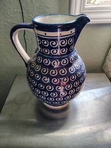 Polish Pottery Boleslawiec Pitcher Jug Blue Spirals Handmade Poland 9.5" - Picture 1 of 2