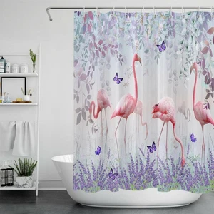 Pink Flamingo Shower Curtain Purple Lavender Butterfly Leaf For Bathroom Bathtub - Picture 1 of 9