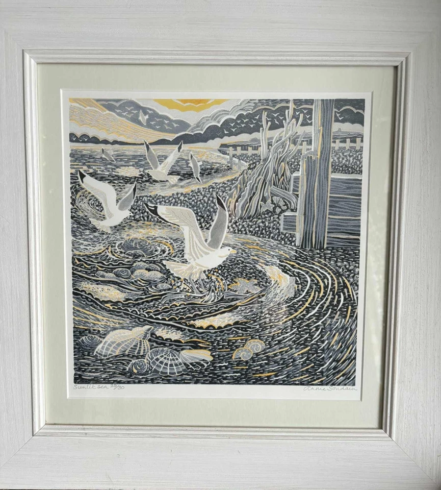 Reducción Linocut 'Sunlit Sea' Annie Soudain Edición Limitada 25/30 Enmarcado Foto 1 de 4