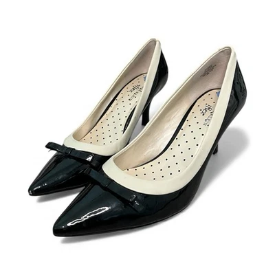 ANNE KLEIN черный лакированная кожа / бежевый отделки насосы MULES каблуки бант размер 7 1/2 - Изображение 1 из 4