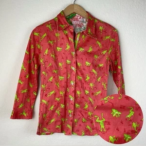 Camicia Tizzie M con bottoni rosa verde rana stampata manica 3/4 cotone indossabile arte - Foto 1 di 7