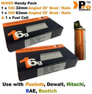 32mm + 63mm Mixed 16g ANGLED Nails, 2 x 500 pack + 1 x Fuel Cell for Paslode, A7 - Imagen 1 de 1