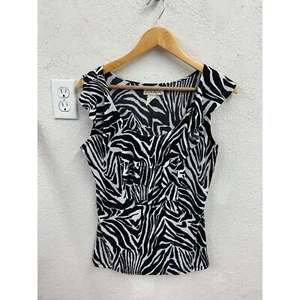 Black and White Y2k Ruffled Animal Print Striped Top Medium - Picture 1 of 6