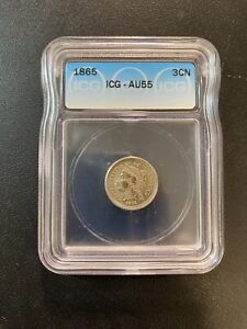1865 THREE CENT NICKEL ICG AU-55 - ABOUT UNCIRCULATED - CERTIFIED SLAB - 3C