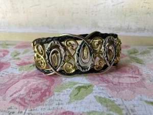 Retired Carolyn Pollack Sterling Silver Brass and Woven Leather Cuff Bracelet - Picture 1 of 6