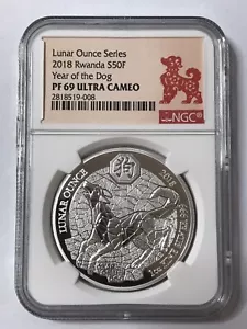 2018 1 oz Silver PROOF Ruanda cane lunare - NGC PF69 ULTRA CAMEO - Foto 1 di 5