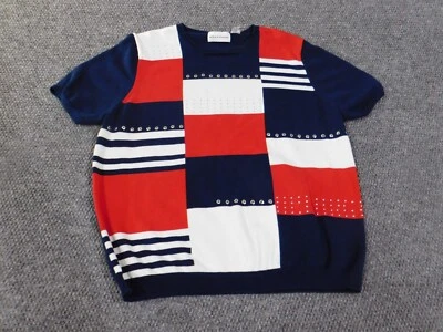 Alfred Dunner Sweater xl blue pullover check womens crewneck embellishments red - Image 1 of 4