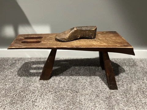 Antique Miniature Wood Cobblers Bench with Shoe Form (shoe last) Cover